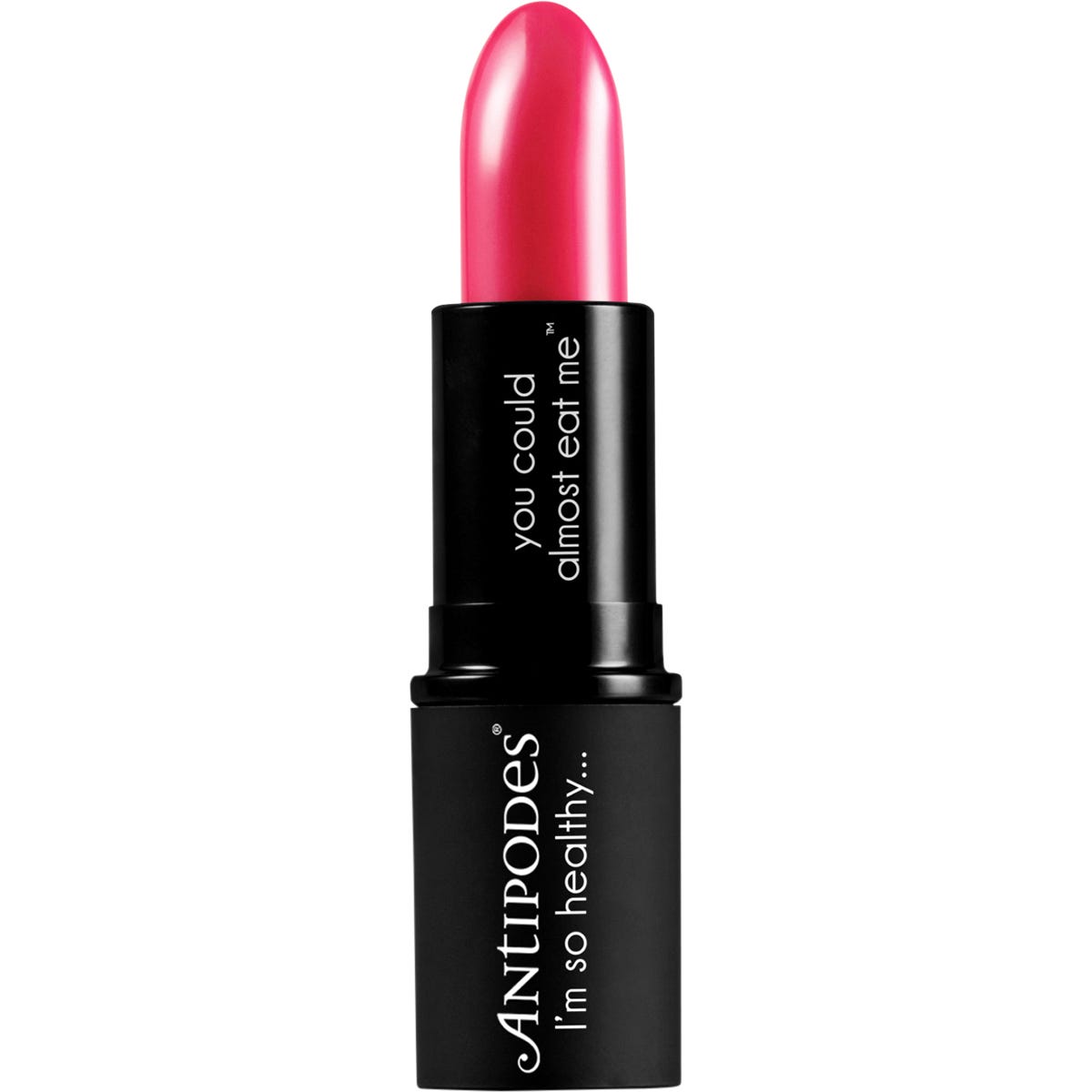 Antipodes Dragon Fruit Pink Lipstick 4g showing a vibrant pink creamy bullet and its black-labeled tube.