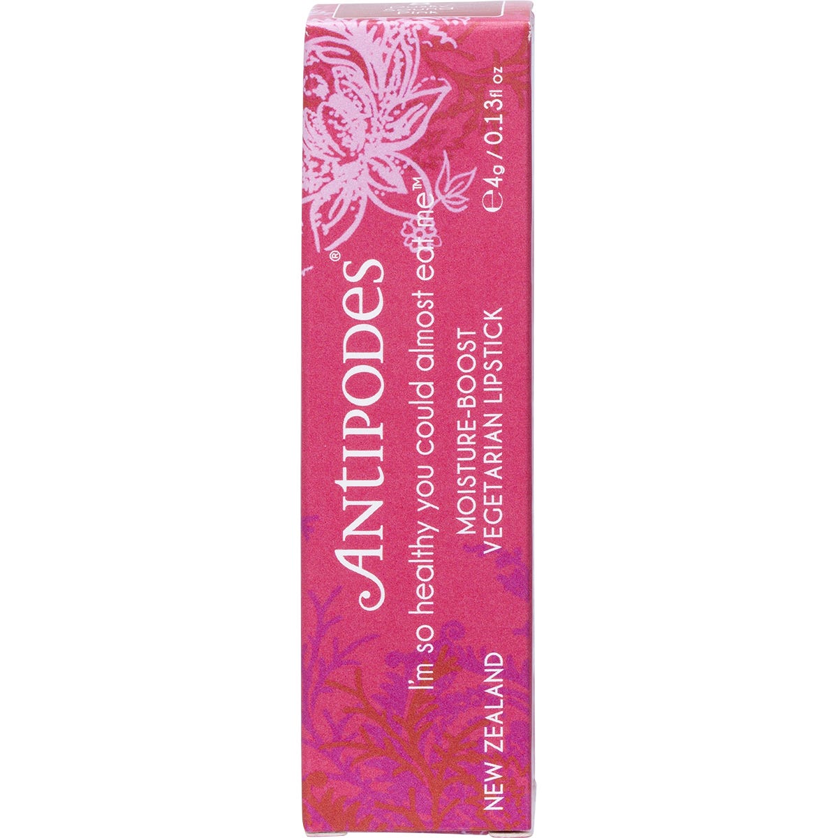 Antipodes Dusky Sound Pink Lipstick 4g in a black tube on a clean white background.
