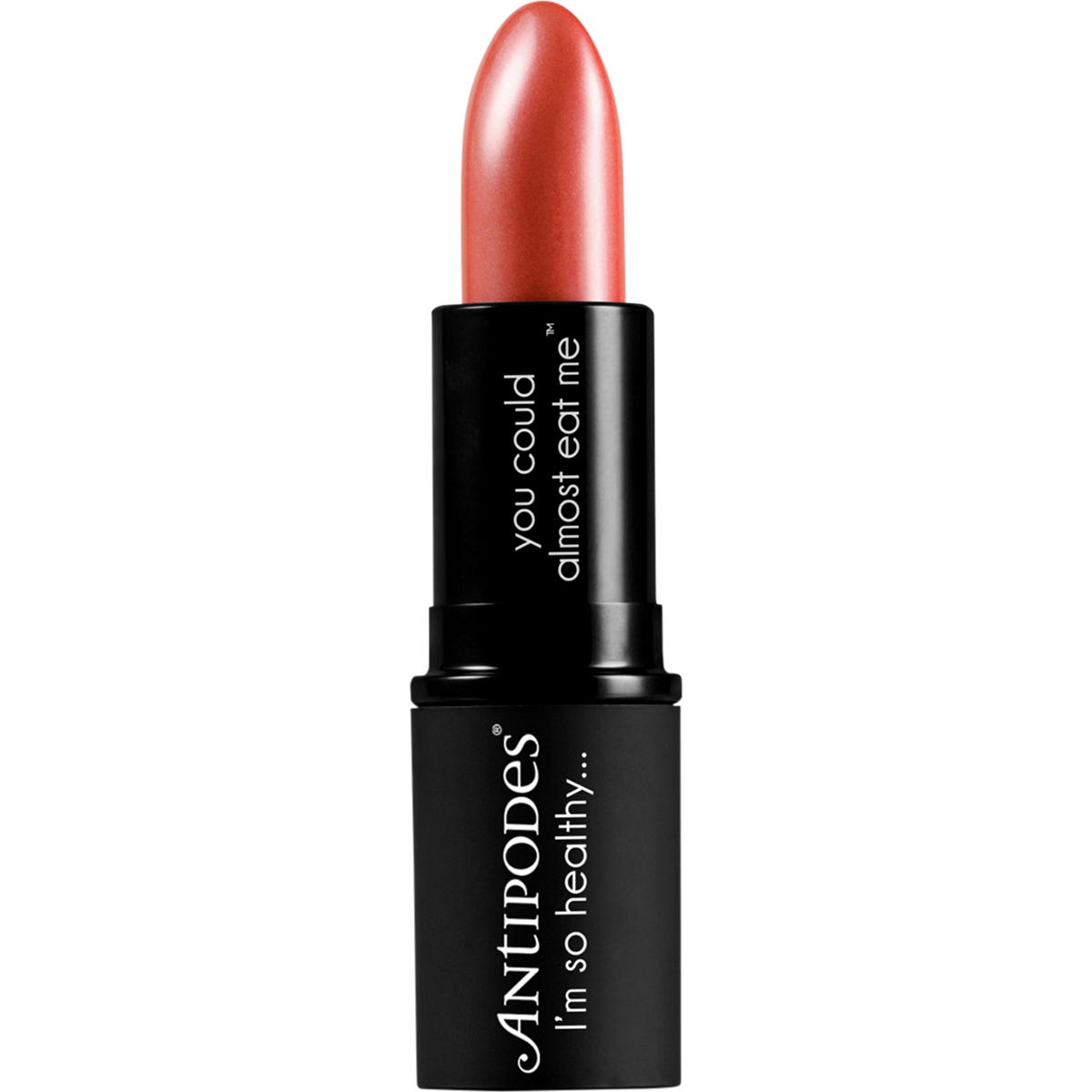 Antipodes Dusky Sound Pink lipstick in a black tube with a dusky pink box featuring botanical illustrations.
