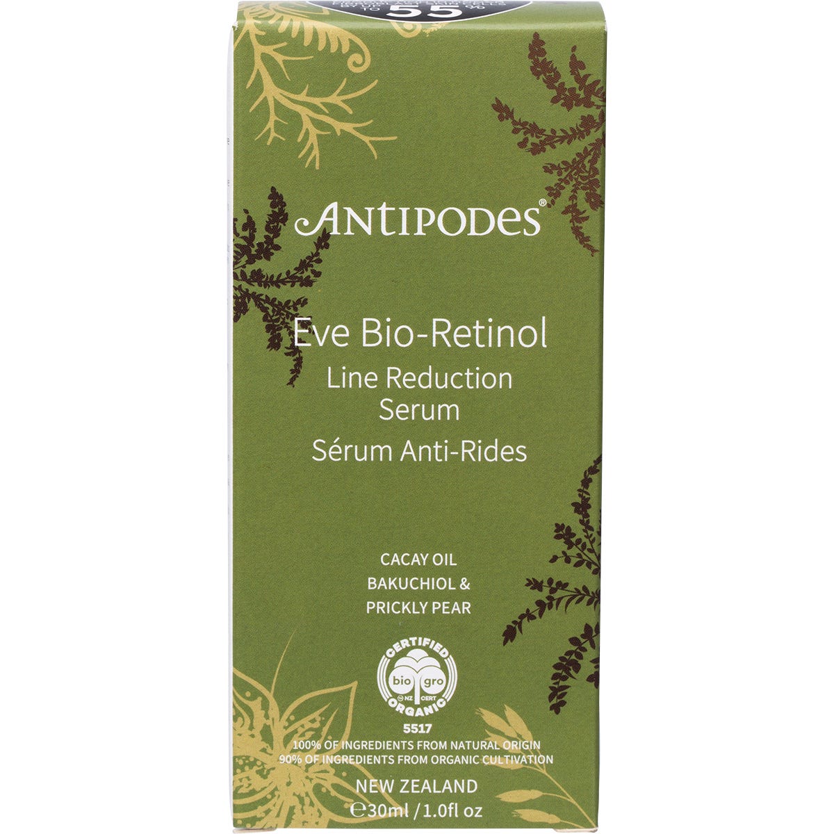 30ml bottle of Antipodes Eve Bio-Retinol Line Reduction Serum with a pipette dropper on a white background.