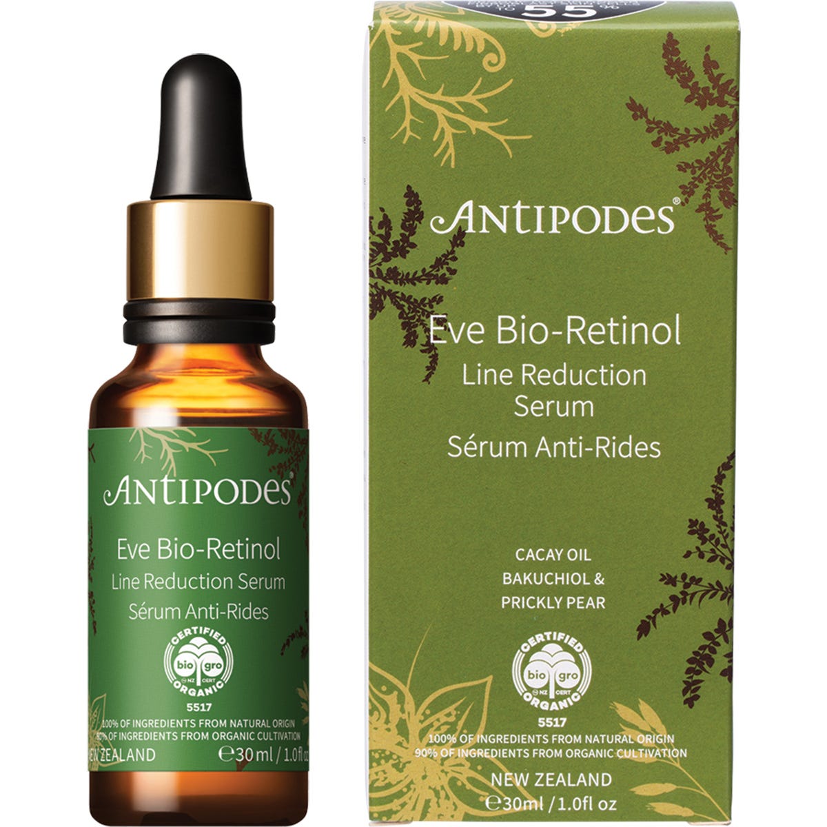 Antipodes Eve Bio-Retinol Line Reduction Serum 30ml glass bottle with a pipette and a gold-accented label.