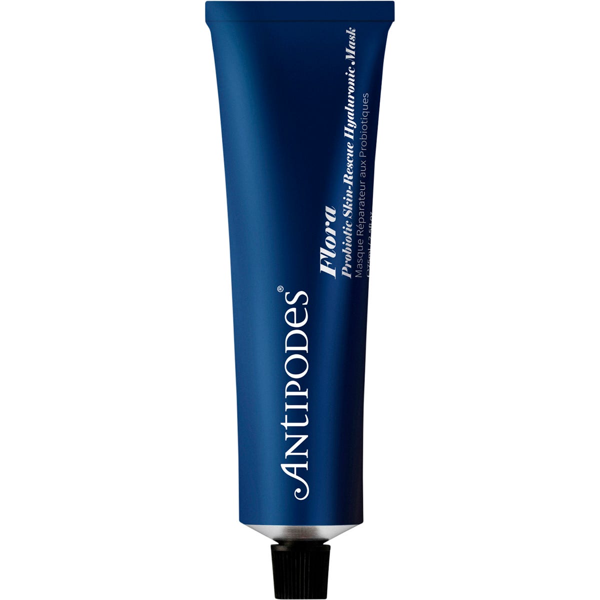 Antipodes Flora Probiotic Skin-Rescue Hyaluronic Mask 75ml tube with botanical illustrations on a white background.
