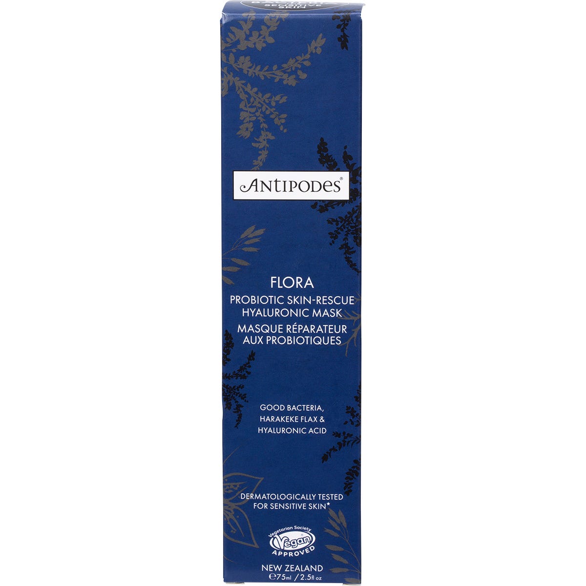 75ml tube of Antipodes Flora Probiotic Skin-Rescue Hyaluronic Mask with botanical illustrations on a white background.