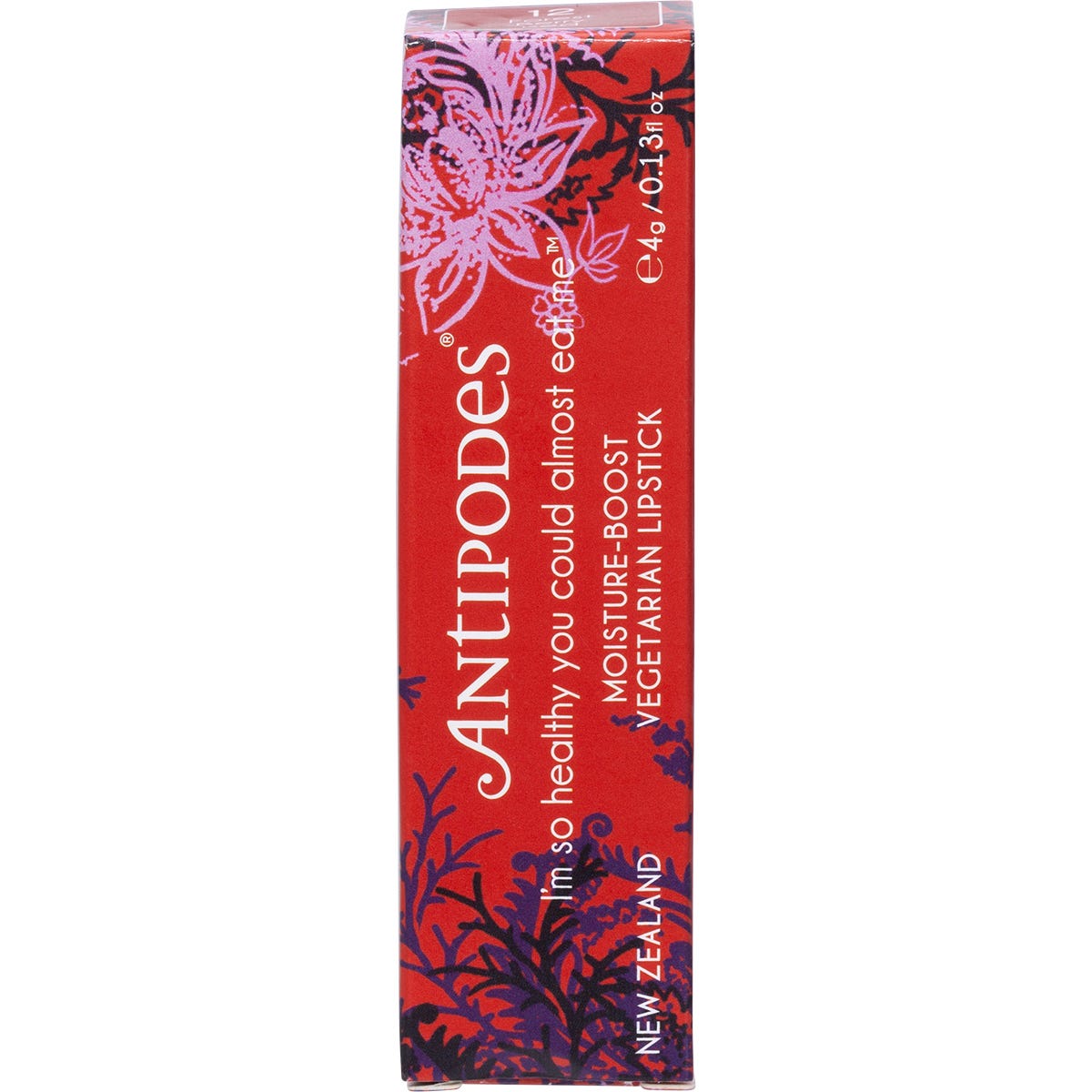 4g Antipodes Forest Berry Red lipstick shown in a black tube on a clean white background.