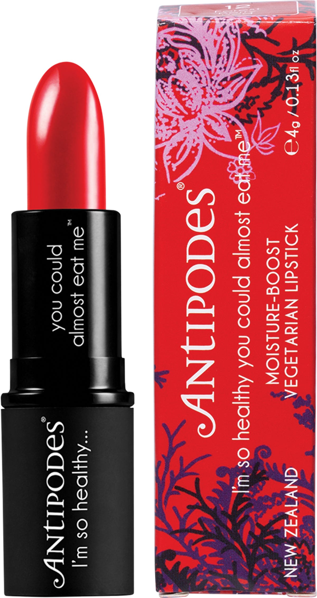 Antipodes Forest Berry Red Lipstick in a black 4g tube with botanical box featuring red berry illustrations.