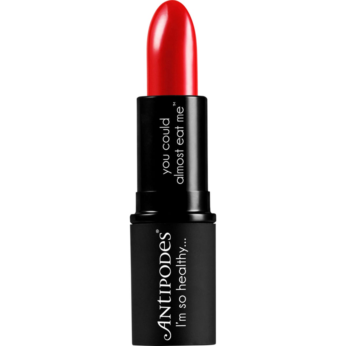 Antipodes Forest Berry Red 4g lipstick shown in a black tube next to its botanical-themed cardboard box.