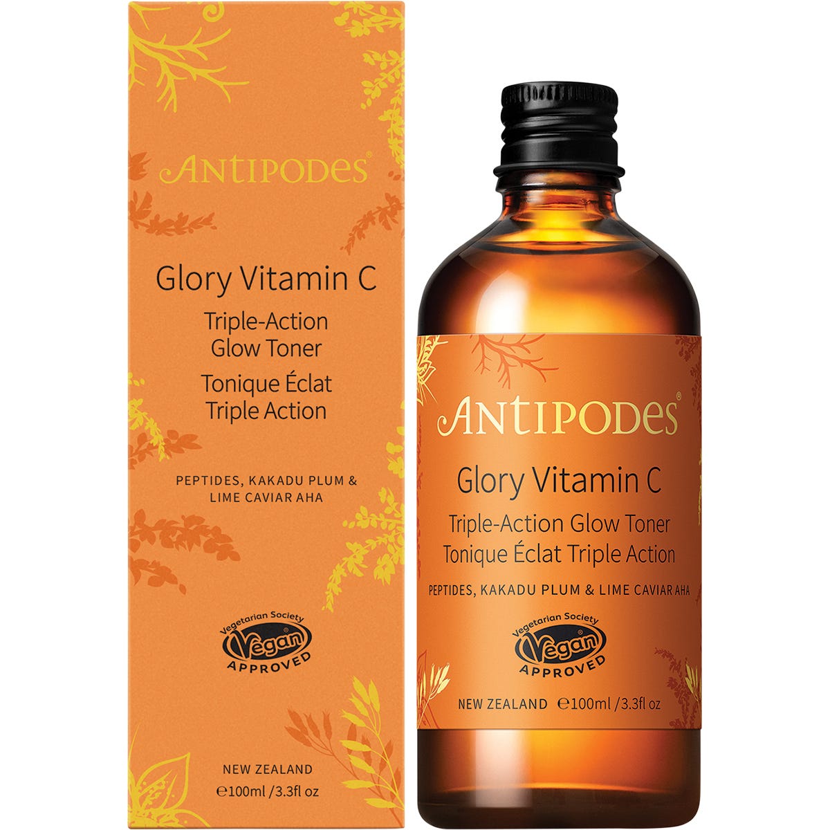 Antipodes Glory Vitamin C Triple-Action Glow Toner 100ml glass bottle with a yellow and green botanical label.