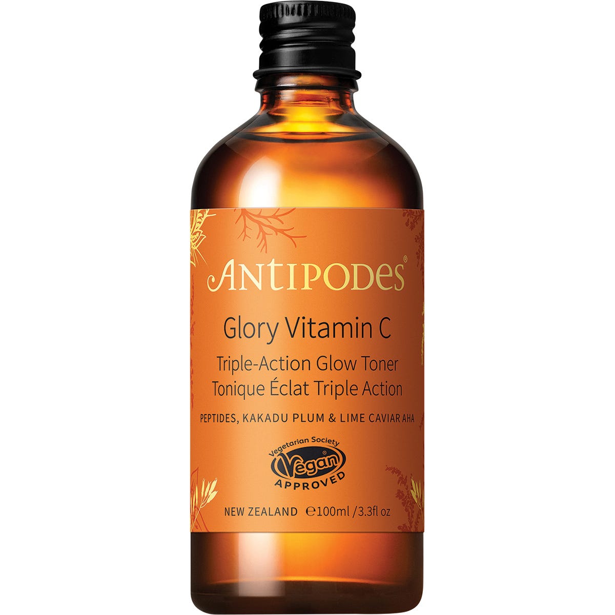 Antipodes Glory Vitamin C Glow Toner 100ml glass bottle with a yellow and green botanical label on a white background.