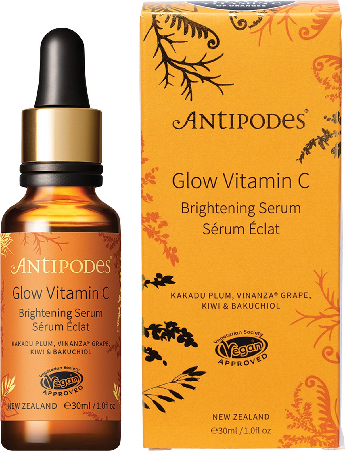 30ml glass bottle of Antipodes Glow Vitamin C Brightening Serum with a gold dropper and orange label.
