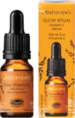 Antipodes Glow Vitamin C Serum 10ml mini glass bottle with gold details and a white dropper on a white background.