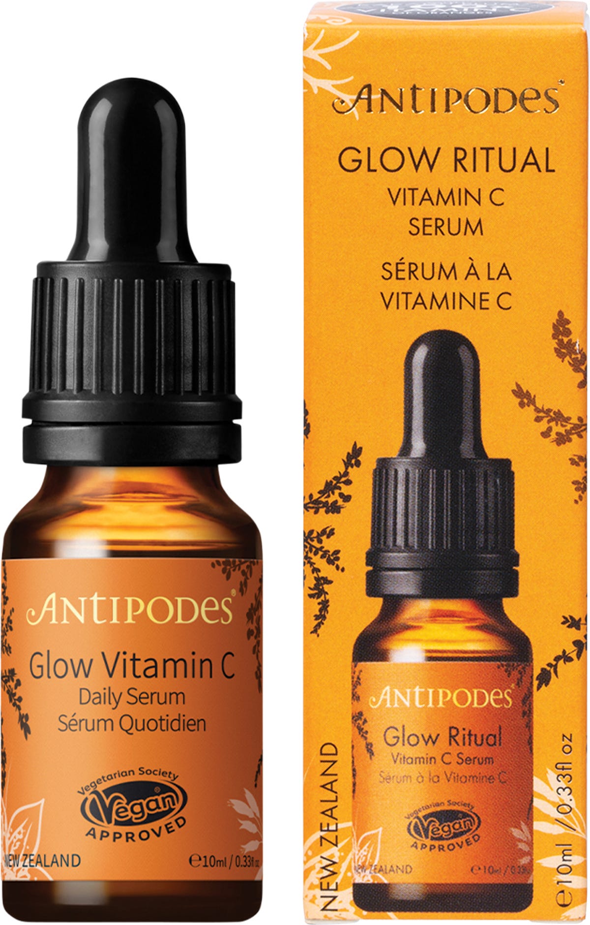 Antipodes Glow Vitamin C Serum 10ml mini glass bottle with gold details and a white dropper on a white background.