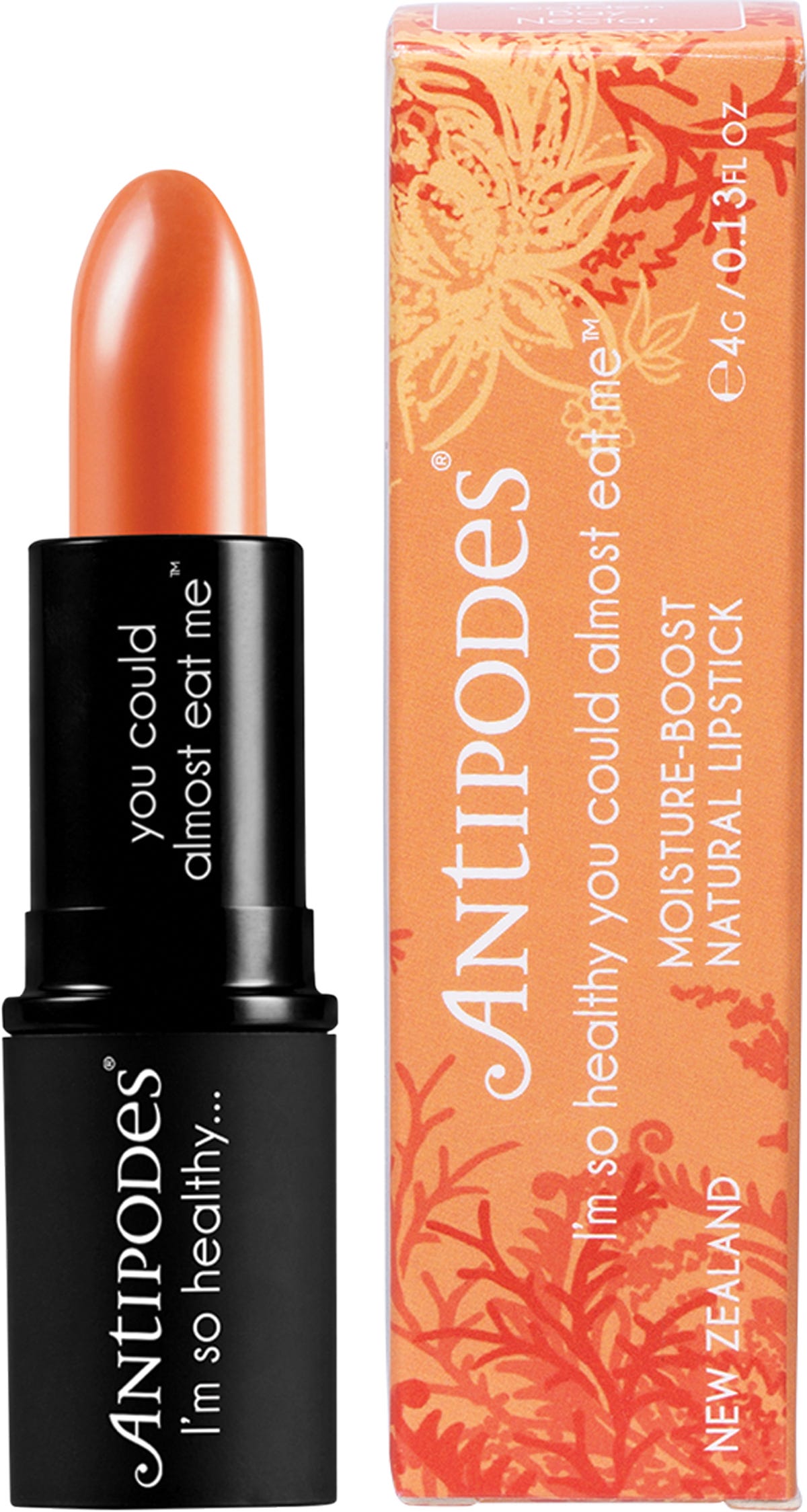 Antipodes Golden Bay Nectar 4g lipstick in a neutral peach-honey shade with a creamy matte finish.