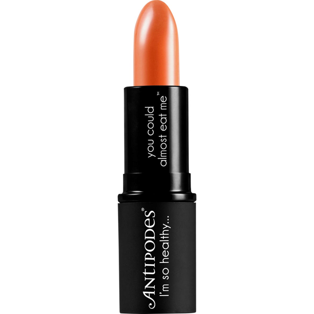 Antipodes Golden Bay Nectar 4g lipstick in a black tube, showing its creamy peach-honey neutral shade.