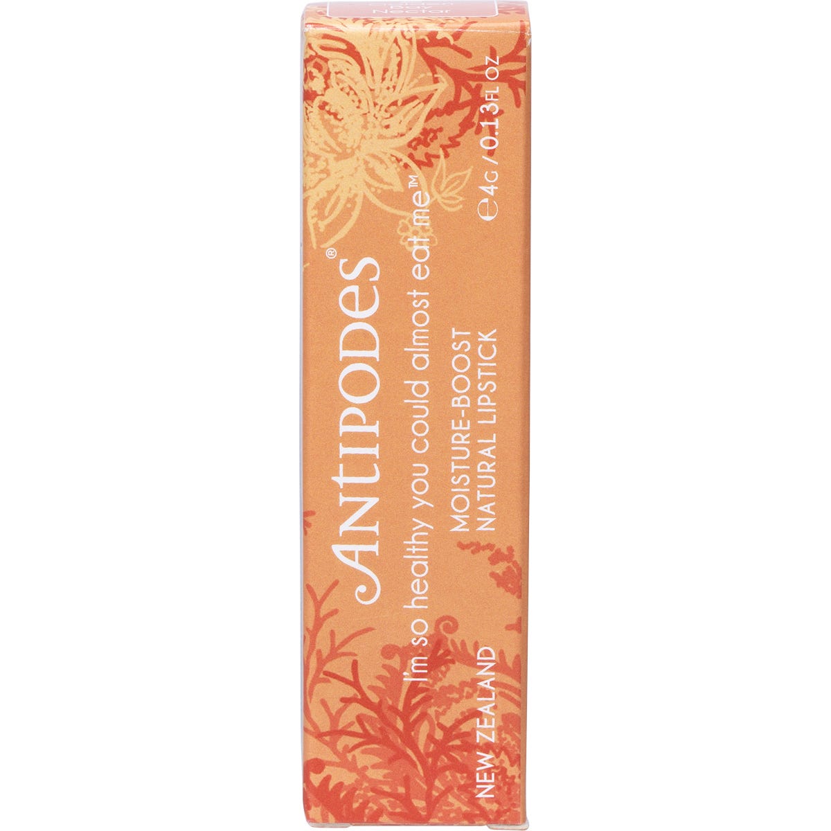 Antipodes Golden Bay Nectar 4g lipstick featuring a neutral peach-honey shade on a clean white background.