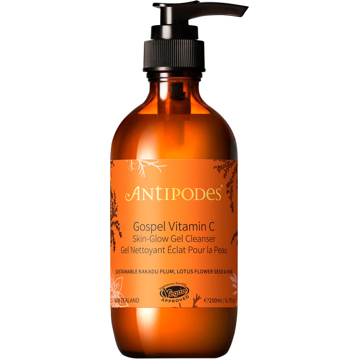Antipodes Gospel Vitamin C Skin-Glow Gel Cleanser 200ml glass bottle with a pump dispenser and botanical label.