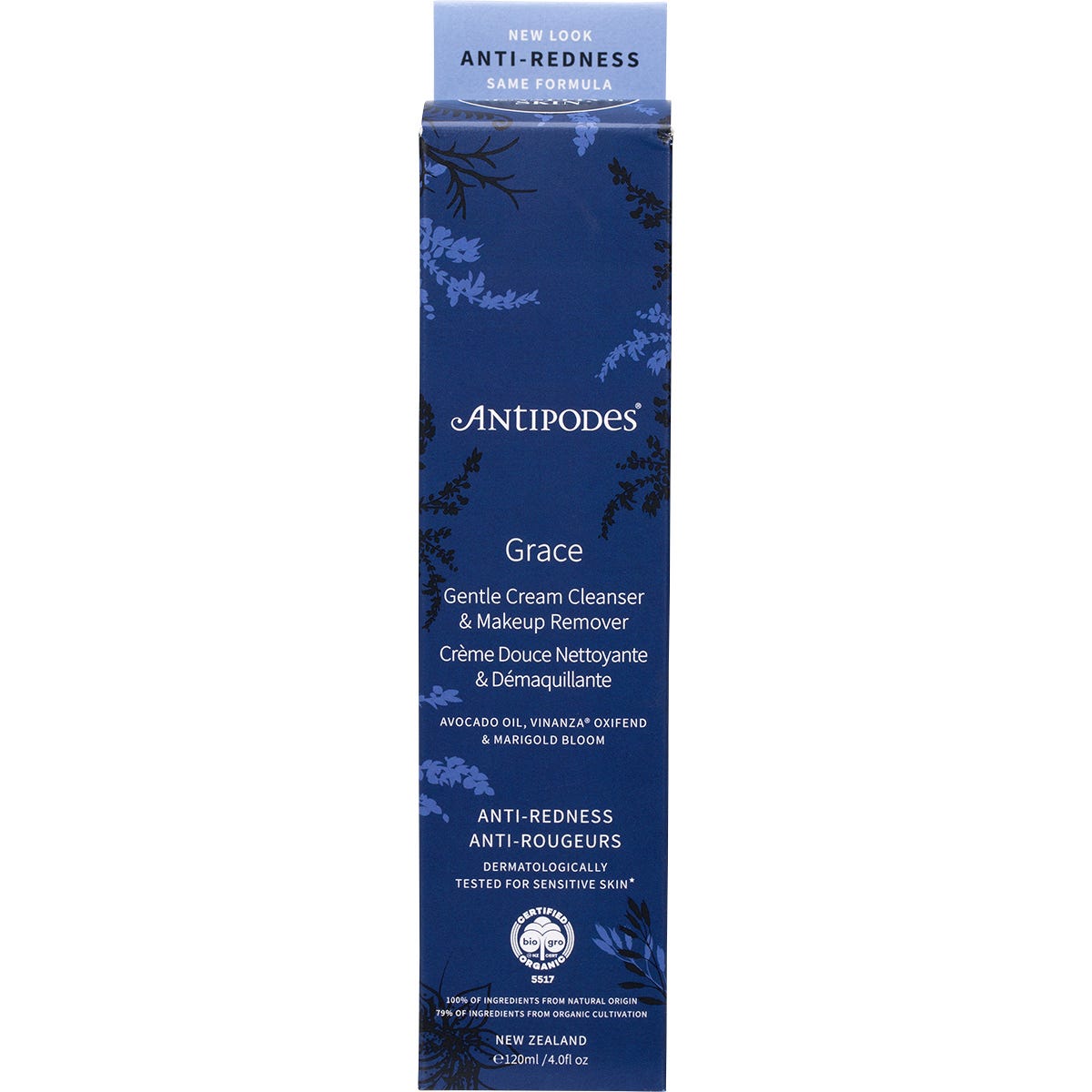 120ml tube of Antipodes Grace Gentle Cream Cleanser with avocado and marigold illustrations on a white background.
