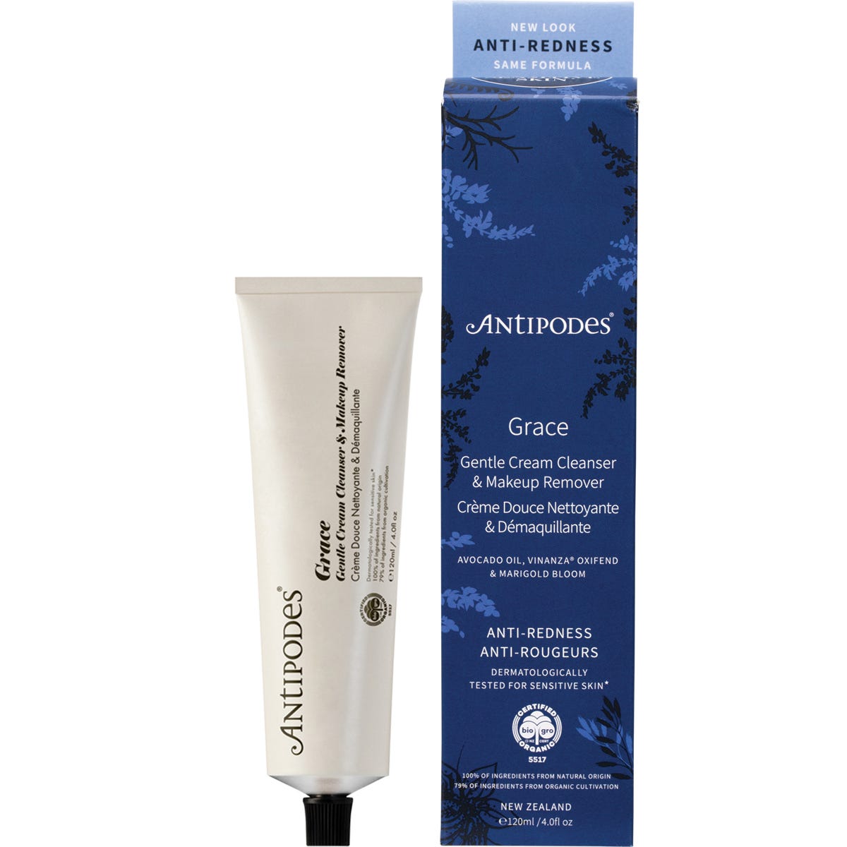 Antipodes Grace Gentle Cream Cleanser 120ml in a green box and aluminium tube with avocado and marigold illustrations.