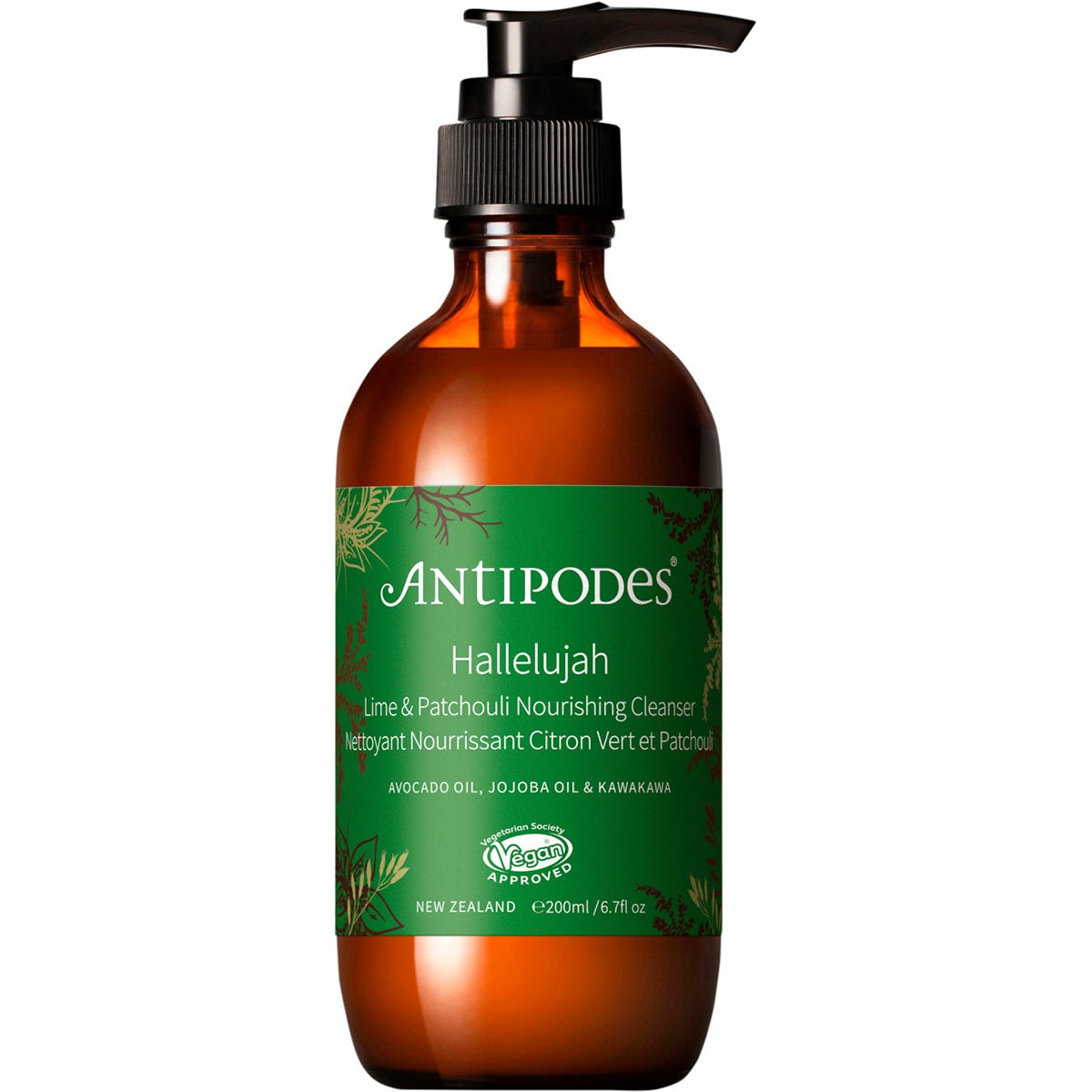 Antipodes Hallelujah Lime & Patchouli Nourishing Cleanser in a 200ml amber glass bottle with a pump dispenser.