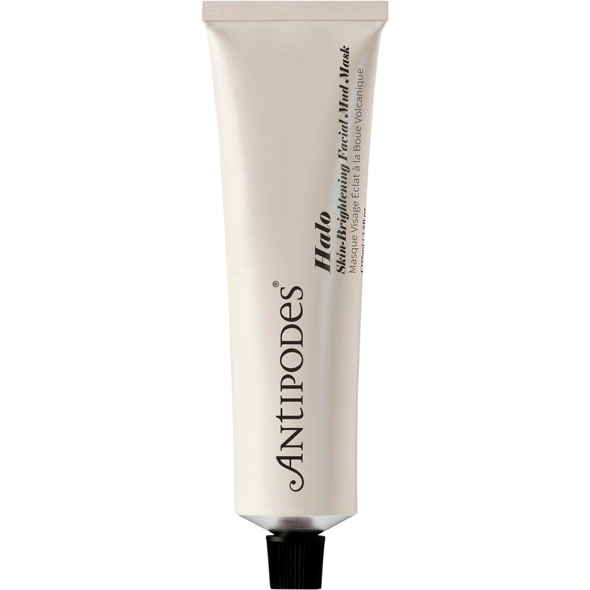 Antipodes Halo Skin-Brightening Facial Mud Mask in a white and green 75ml tube against a plain white background.