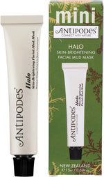 Antipodes Halo Skin-Brightening Facial Mud Mask Mini 15ml tube and box featuring floral and grape illustrations.