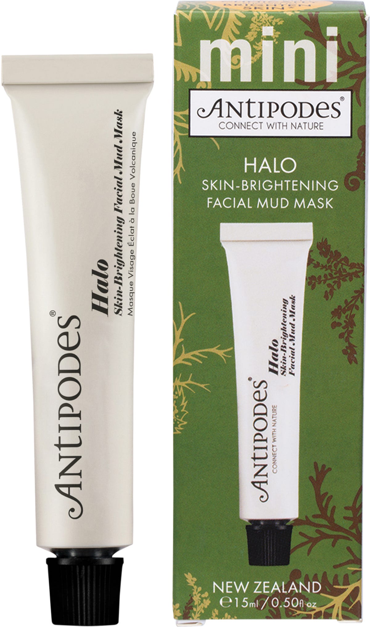 Antipodes Halo Skin-Brightening Facial Mud Mask Mini 15ml tube and box featuring floral and grape illustrations.