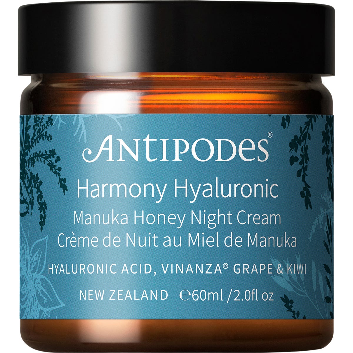 Antipodes 60ml night cream jar and green box with gold manuka honey and white floral illustrations.