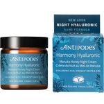 60ml jar of Antipodes Harmony Hyaluronic Manuka Honey Night Cream with a green label on a white background.