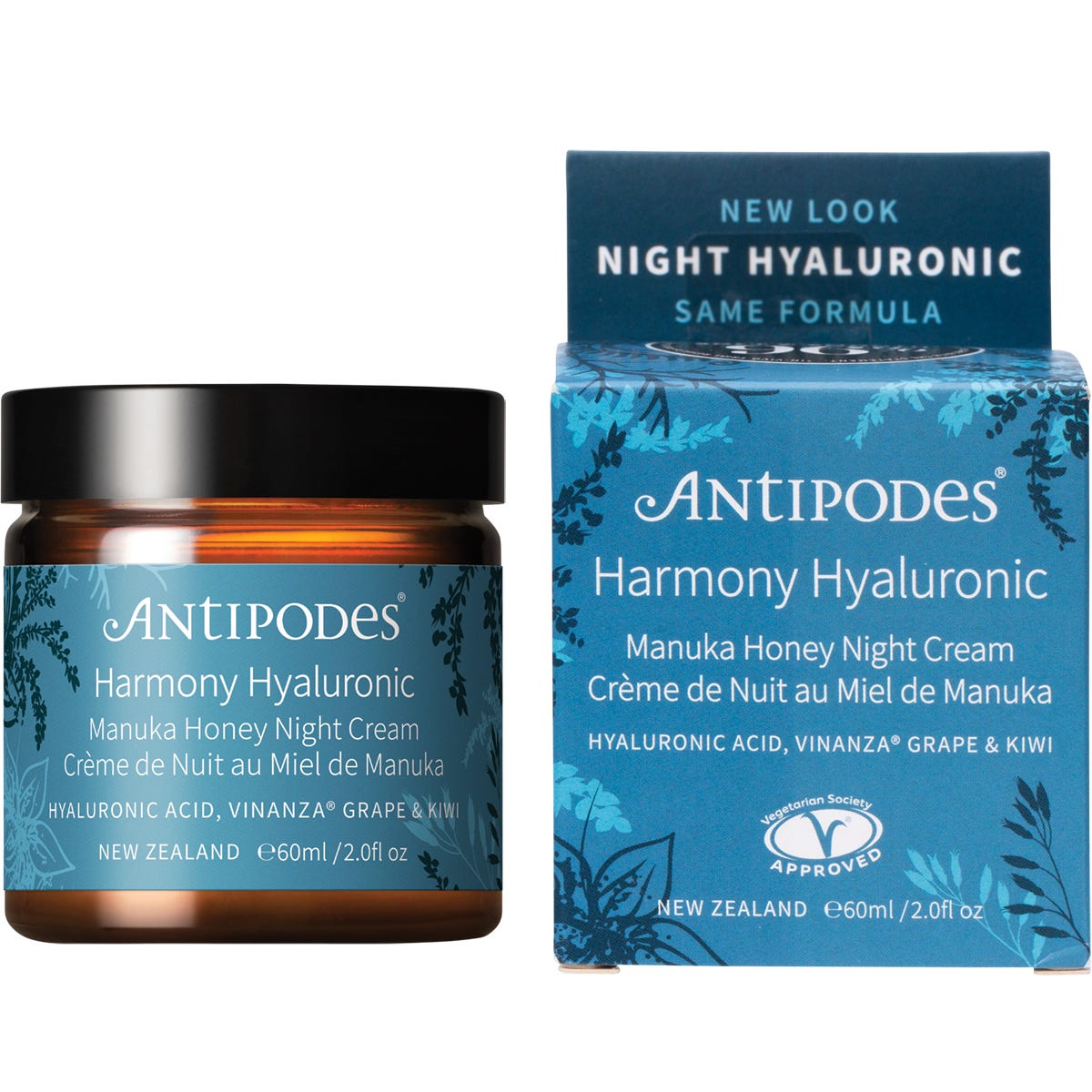 60ml jar of Antipodes Harmony Hyaluronic Manuka Honey Night Cream with a green label on a white background.