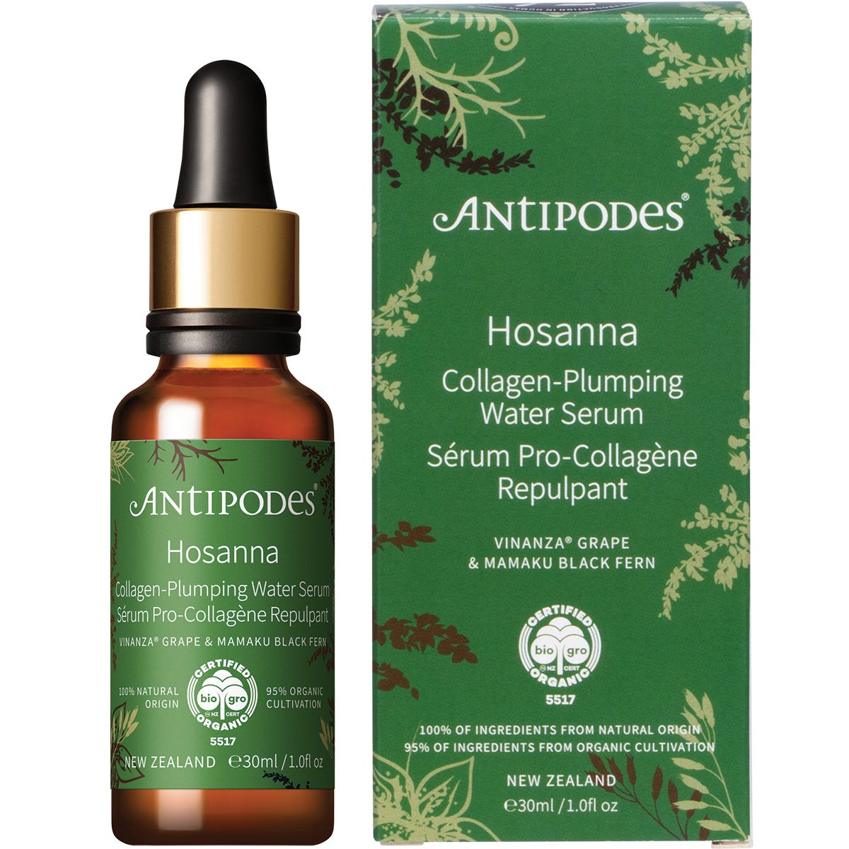 30ml bottle and box of Antipodes Hosanna Collagen-Plumping Water Serum on a white background.