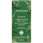 30ml glass bottle of Antipodes Hosanna Collagen-Plumping Water Serum with a dropper on a white background.