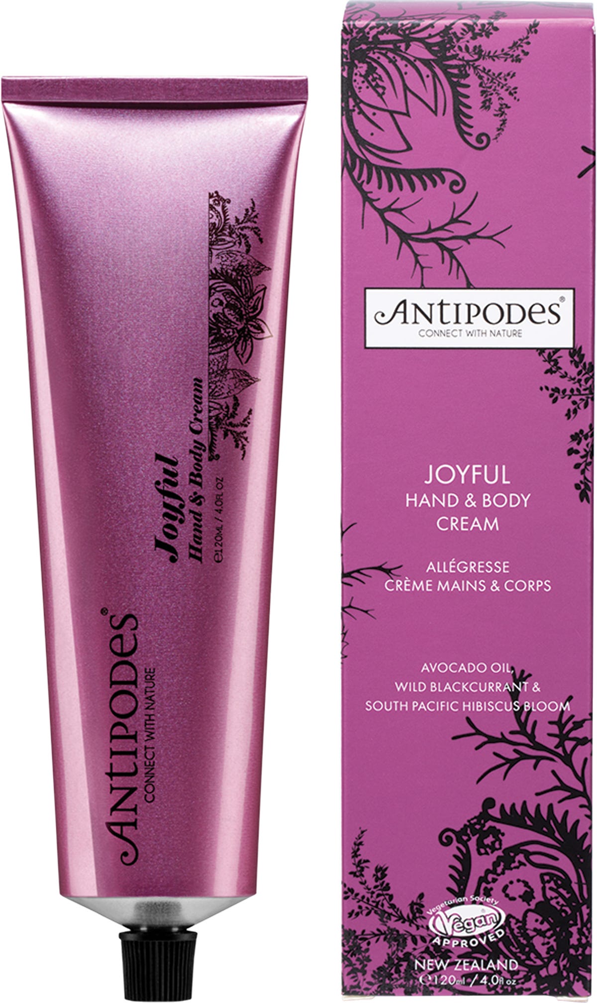 120ml tube of Antipodes Joyful Hand and Body Cream featuring a floral design with pink and yellow hibiscus flowers.
