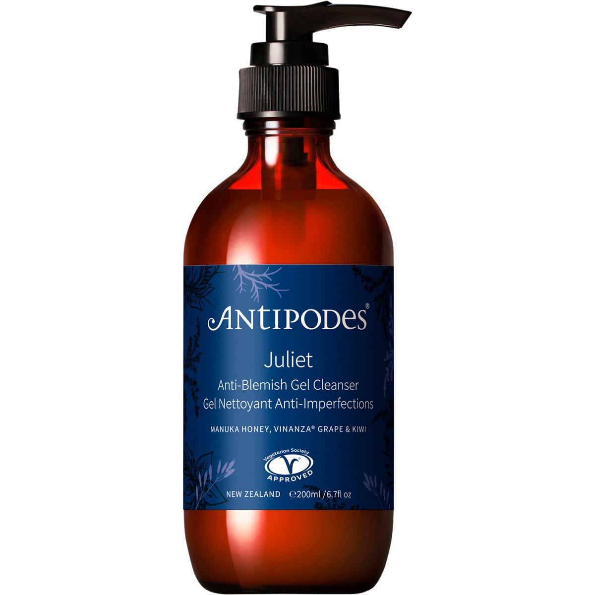 Antipodes Juliet Anti-Blemish Gel Cleanser 200ml in a dark glass bottle with a green and white label.