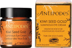 30ml glass jar of Antipodes Kiwi Seed Gold Luminous Eye Cream with a black lid, shown on a clean white background.