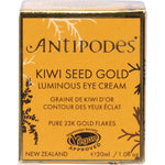 30ml glass jar of Antipodes Kiwi Seed Gold Luminous Eye Cream with a gold and black label on a white background.