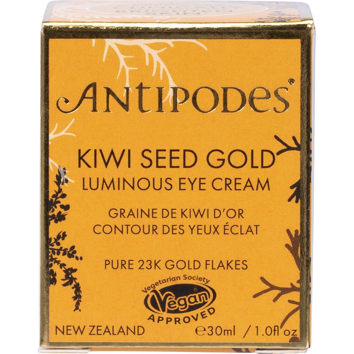 30ml glass jar of Antipodes Kiwi Seed Gold Luminous Eye Cream with a gold and black label on a white background.