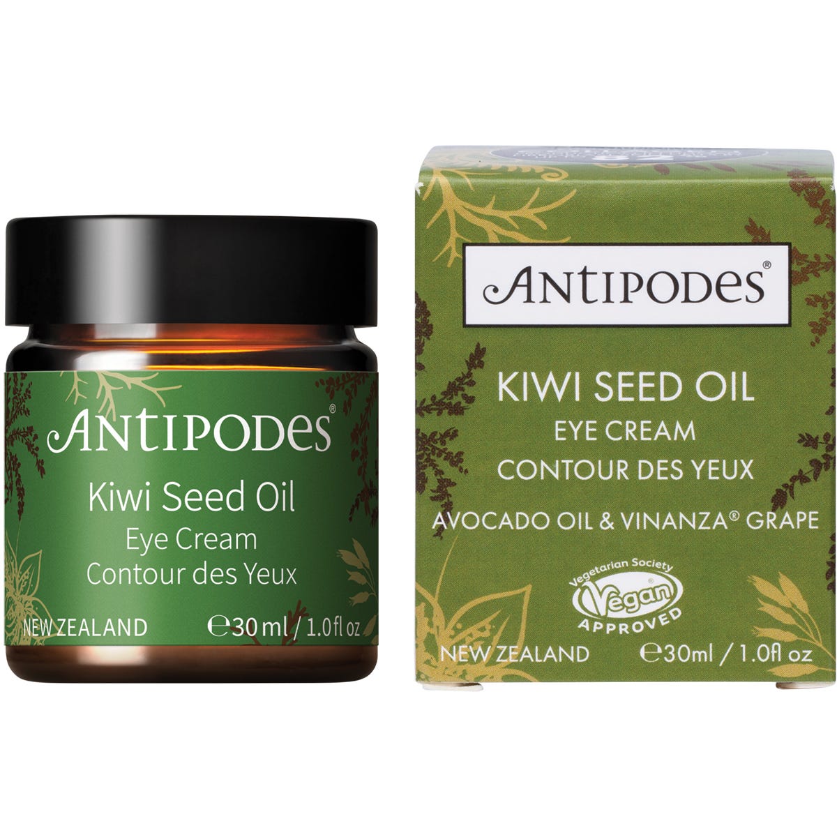 Antipodes Kiwi Seed Oil Eye Cream 30ml jar and box, featuring a green and brown botanical design.