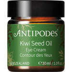 Antipodes Kiwi Seed Oil Eye Cream 30ml amber glass jar with a black lid on a white background.