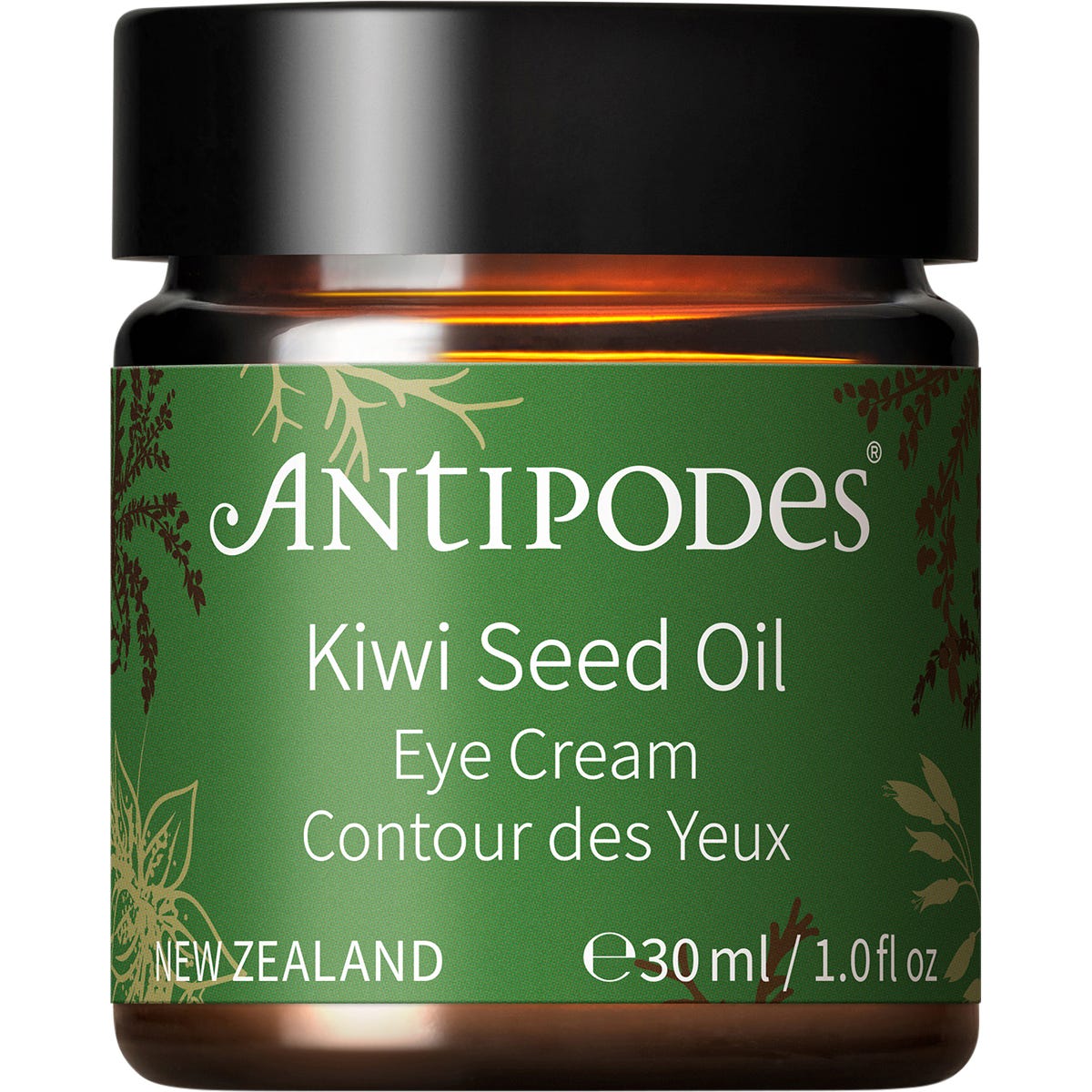 Antipodes Kiwi Seed Oil Eye Cream 30ml amber glass jar with a black lid on a white background.