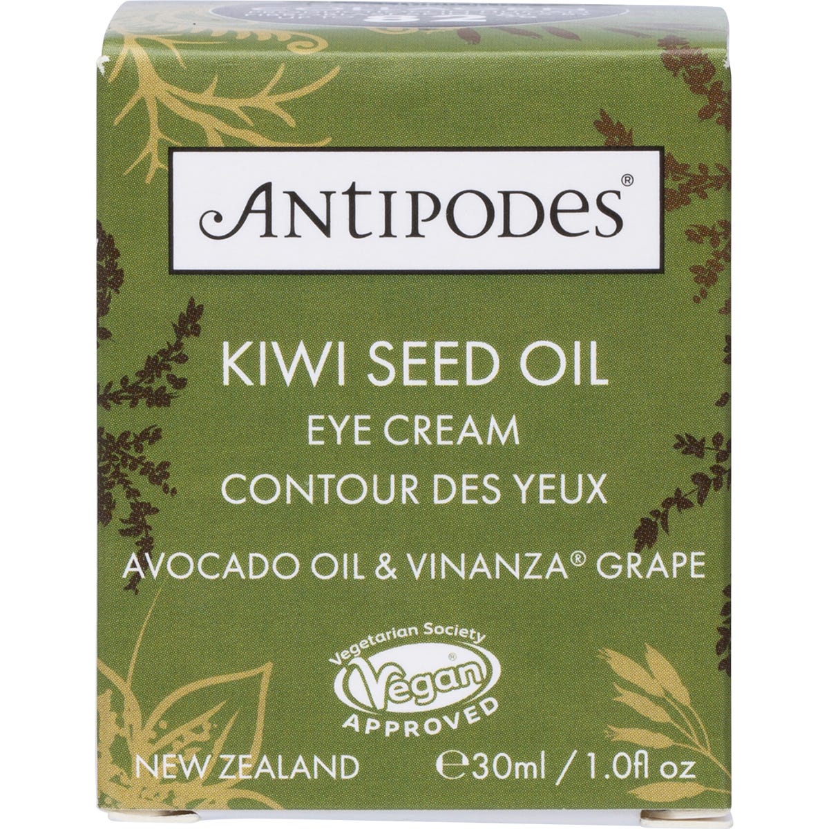 30ml amber glass jar of Antipodes Kiwi Seed Oil Eye Cream with a black lid on a white background.