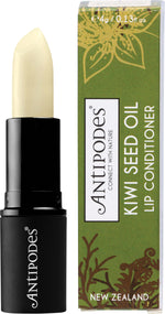 Antipodes Kiwi Seed Oil Lip Conditioner 4g in a white and green tube with its matching cardboard box.