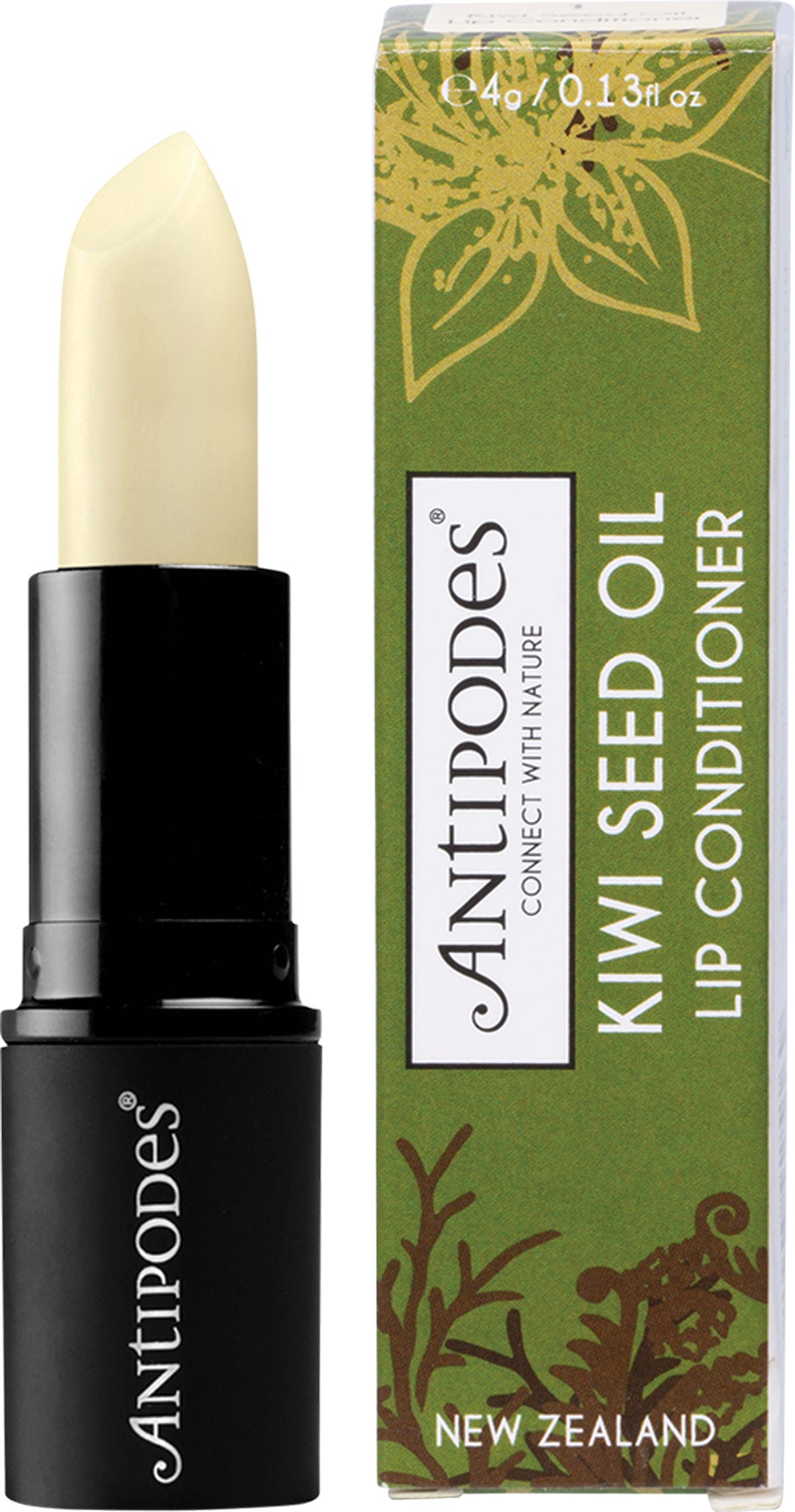 Antipodes Kiwi Seed Oil Lip Conditioner 4g in a white and green tube with its matching cardboard box.