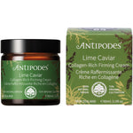 60ml jar of Antipodes Lime Caviar Collagen-Rich Firming Cream with a silver lid on a white background.
