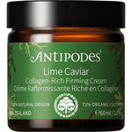Antipodes Lime Caviar Collagen-Rich Firming Cream 60ml jar with a silver lid next to its white and silver box.