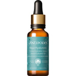 Antipodes Maya Hyaluronic Serum 30ml glass bottle with a dropper and matching box featuring botanical illustrations.