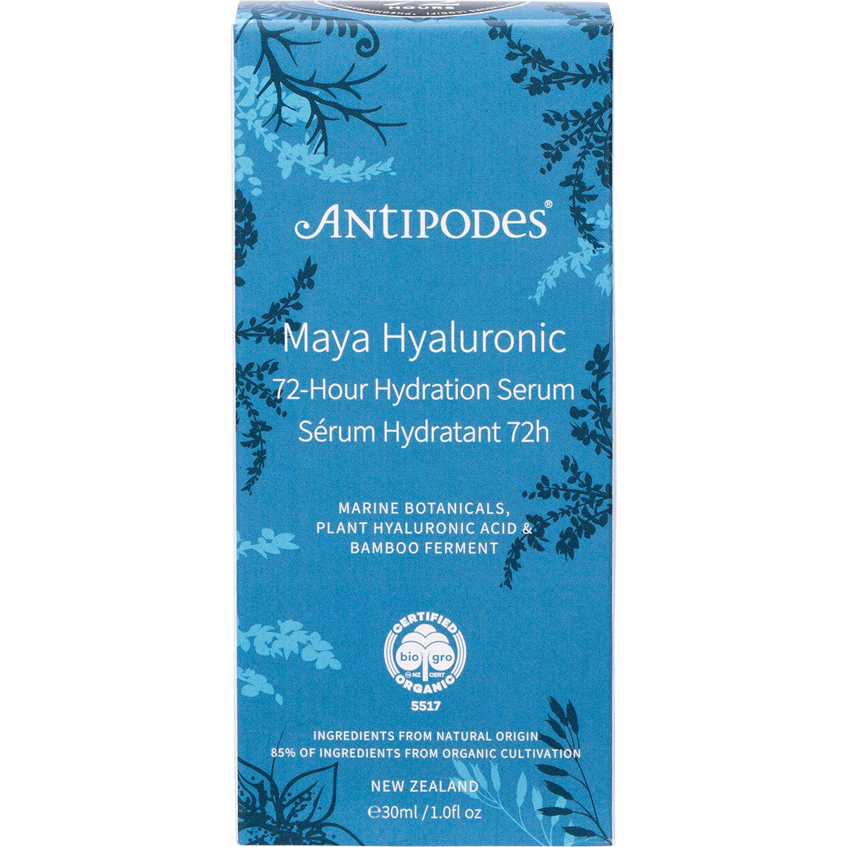 30ml glass bottle of Antipodes Maya Hyaluronic Serum with a dropper and botanical label on a white background.