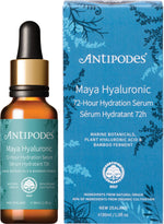 Antipodes Maya Hyaluronic 72-Hour Hydration Serum 30ml glass bottle and box with floral and botanical illustrations.
