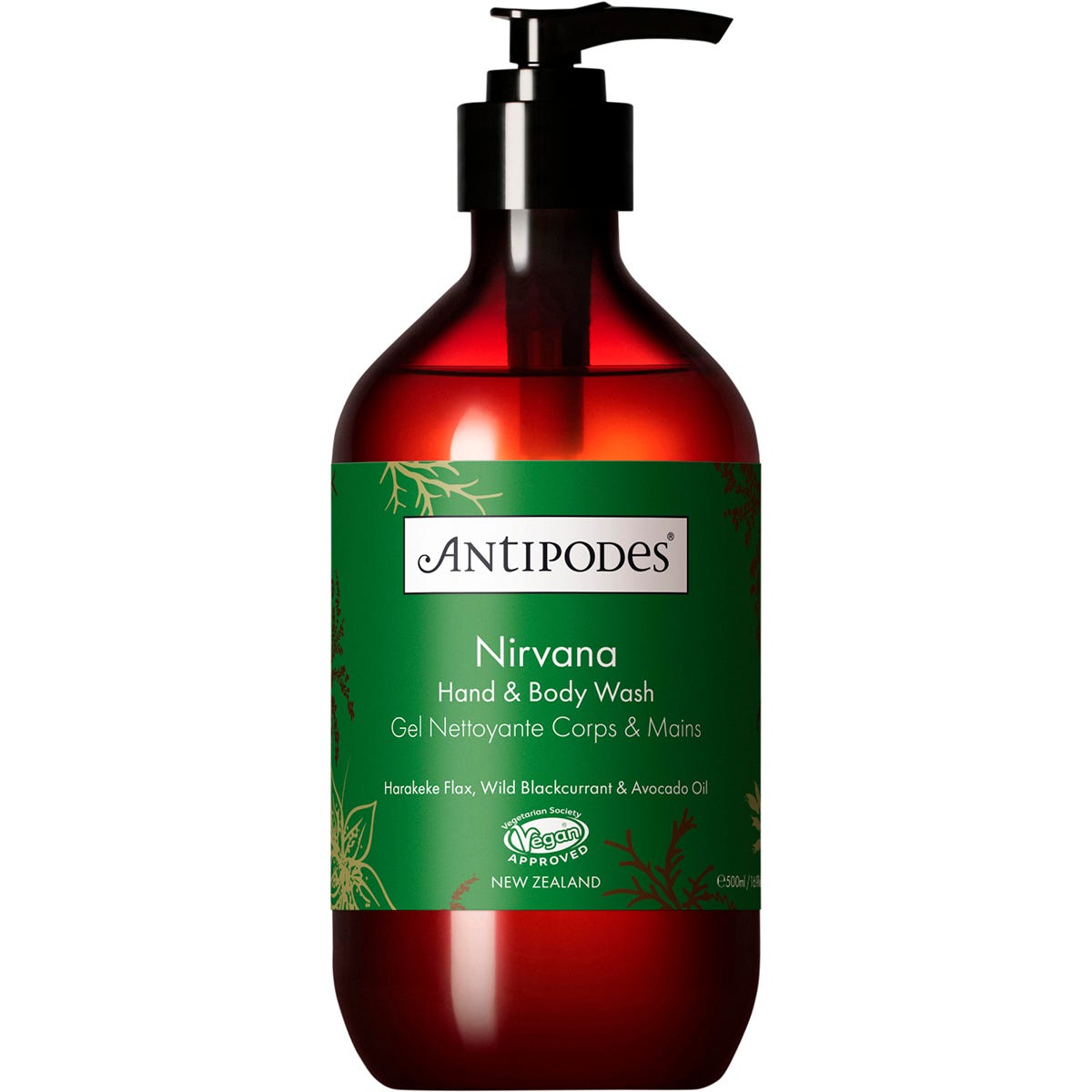 500ml bottle of Antipodes Nirvana Hand & Body Wash with a pump dispenser and a dark green botanical label.