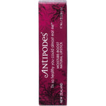 4g tube of Antipodes Oriental Bay Plum Lipstick in a sleek black case, showcasing a rich plum-purple shade.