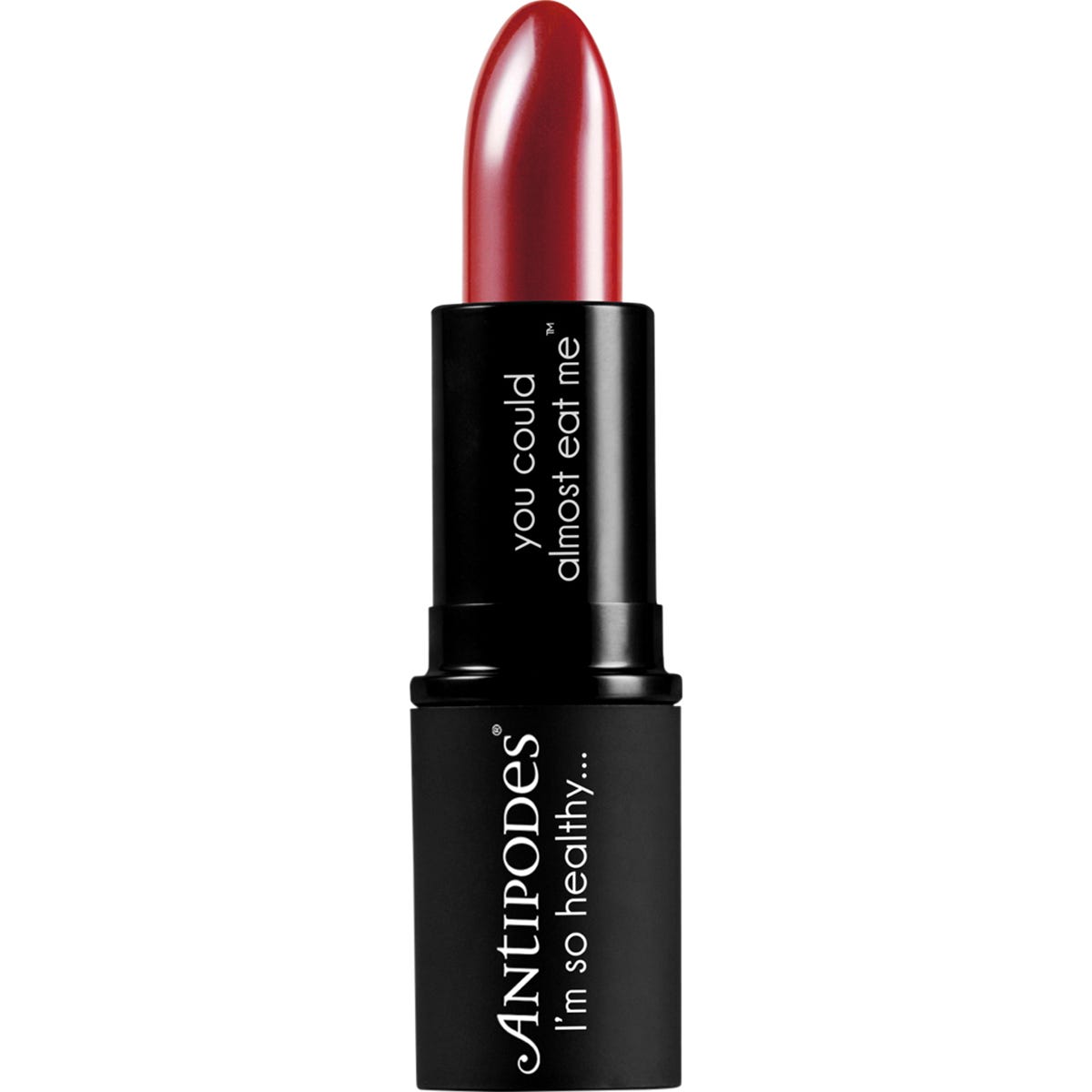 Antipodes Oriental Bay Plum Lipstick in a sleek black tube showing the deep purple-red shade on a white background.