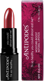 Antipodes Oriental Bay Plum Lipstick 4g in a black tube with a deep plum-purple shade and moisture-boost formula.